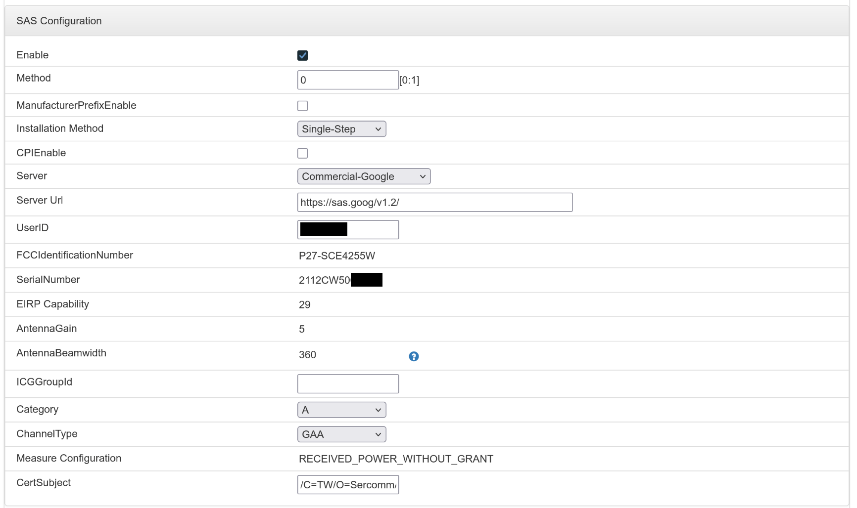 Sercomm Base Station SAS Settings Page
