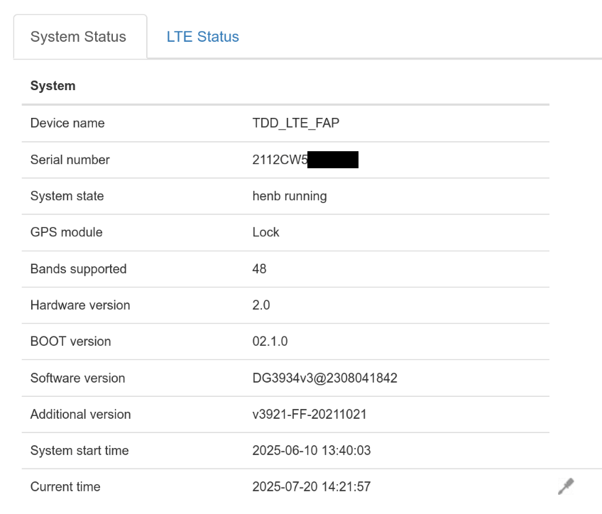 Sercomm Base Station Status Page