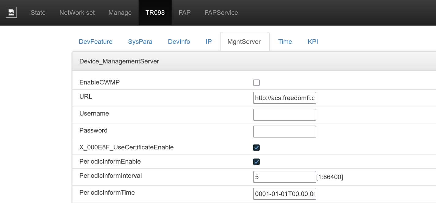 Sercomm Base Station TR-069 Settings Page